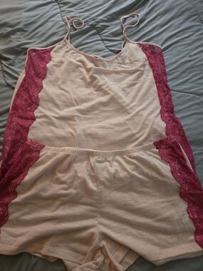 Women's Cream and Fuchsia Lace Sleep Set